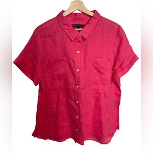 Tommy Hilfiger 100% Linen Camp Shirt Women's XL Pink Button Up Pocket Logo NWOT
